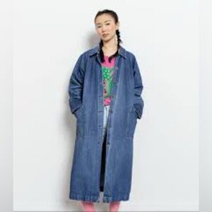 Vintage 80’s Denim Long Duster Blue Pink Plaid Lined Long Coat Sz L Jean Heavy